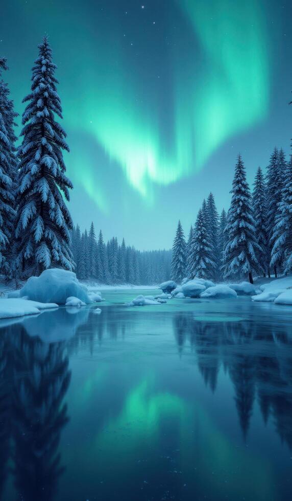 Aurora borealis over the lake in the winter photo