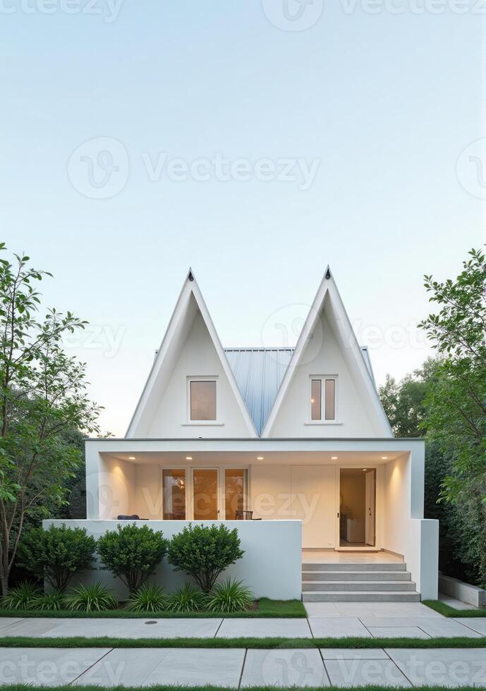 A modern white house with two triangular shaped windows photo