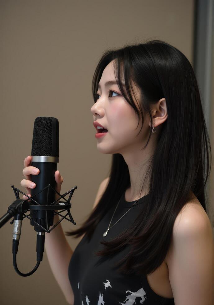 A woman singing into a microphone in front of a microphone photo
