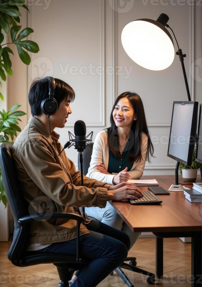 A man and woman sitting at a desk with a computer and microphone photo