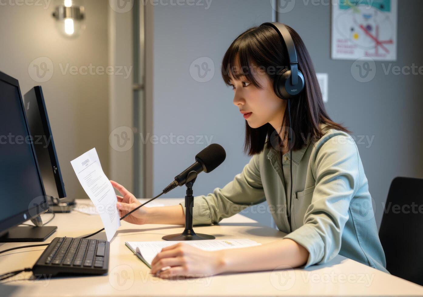 A woman in headphones sitting at a desk with a microphone photo