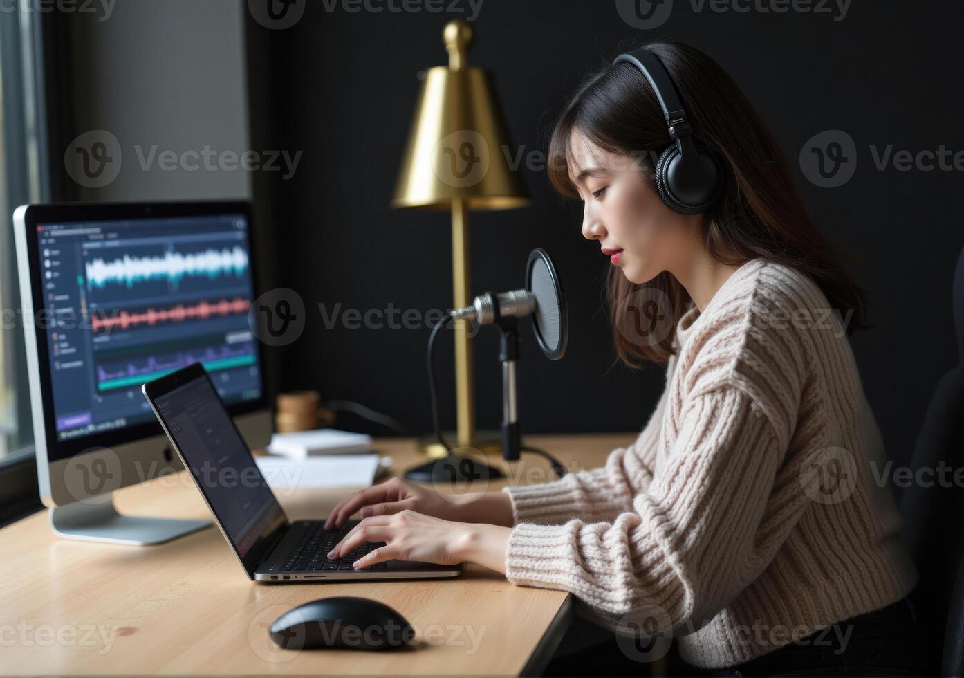 A woman in headphones working on a laptop photo