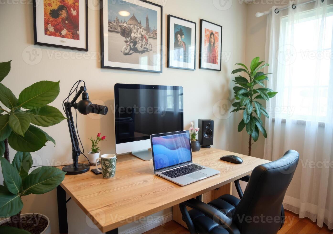 A home office with a laptop, desk and plants photo