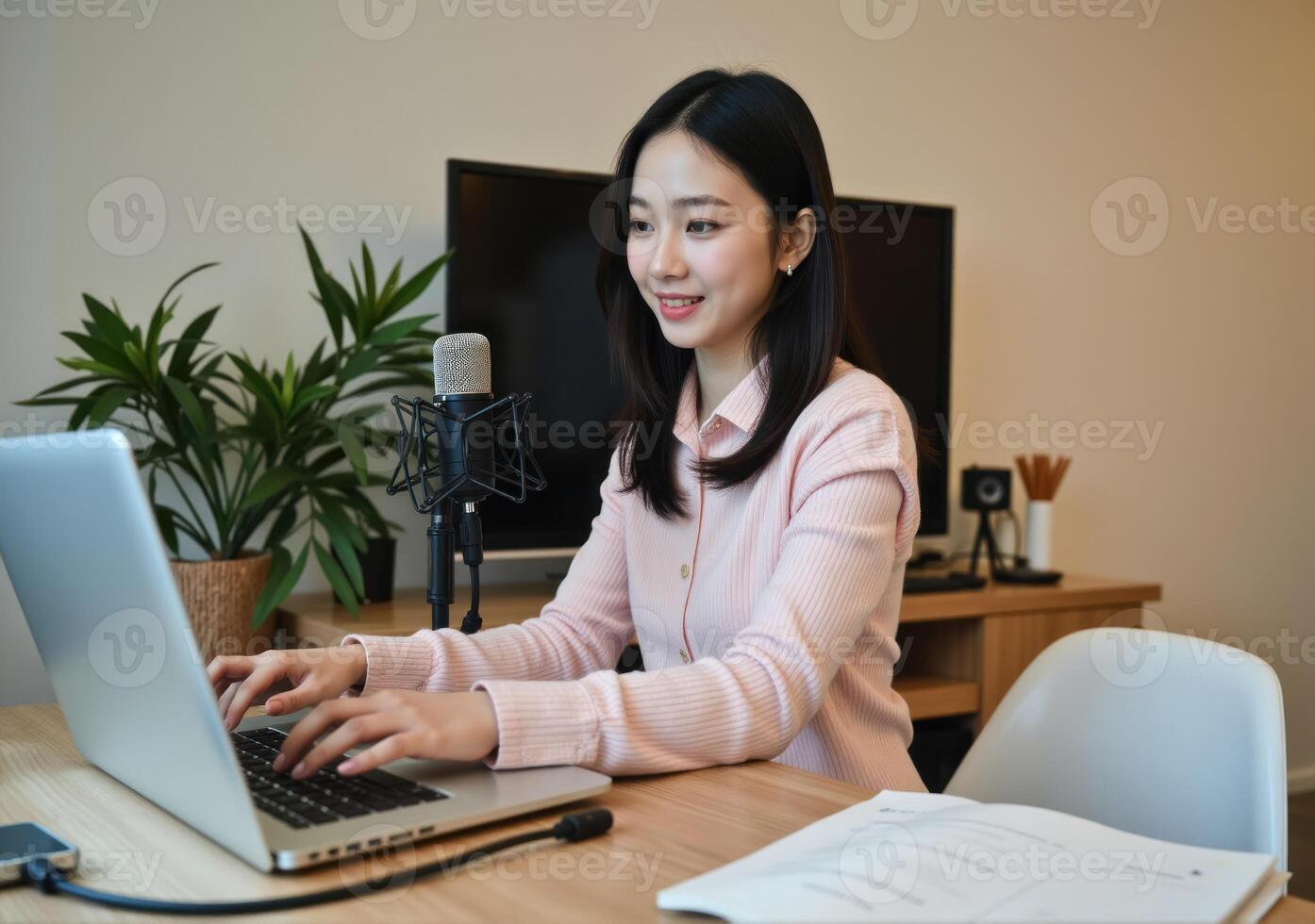 A woman is sitting at a desk with a laptop photo