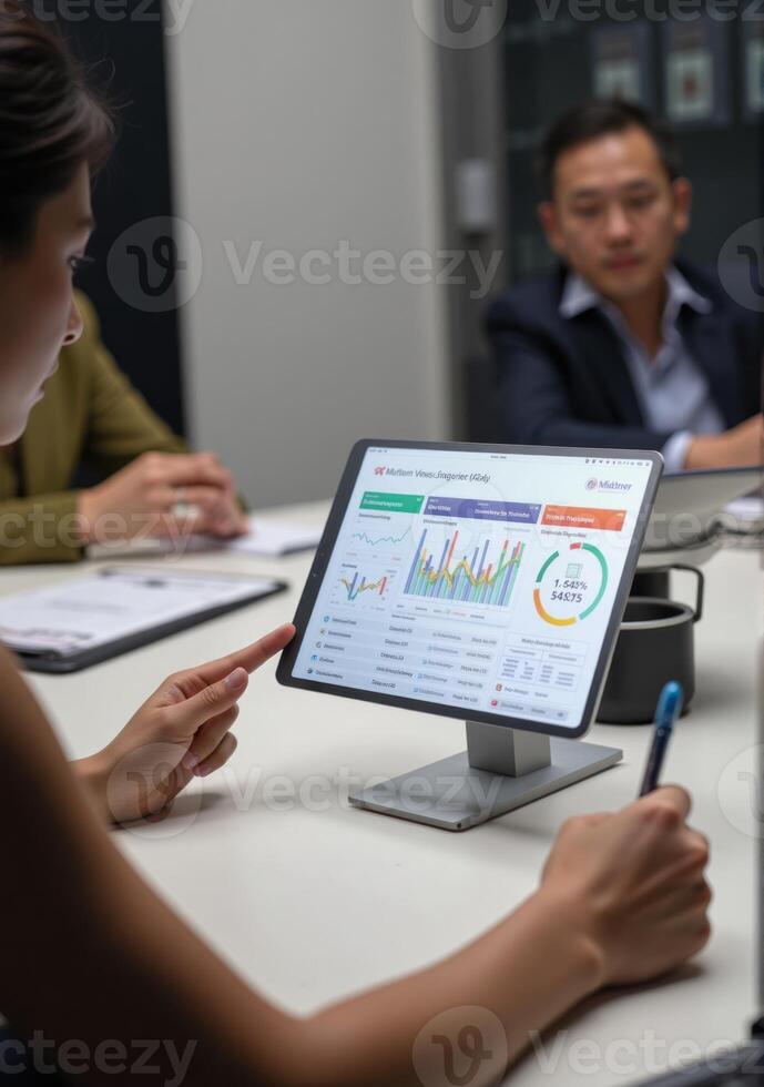 A woman is using a tablet computer in a meeting photo