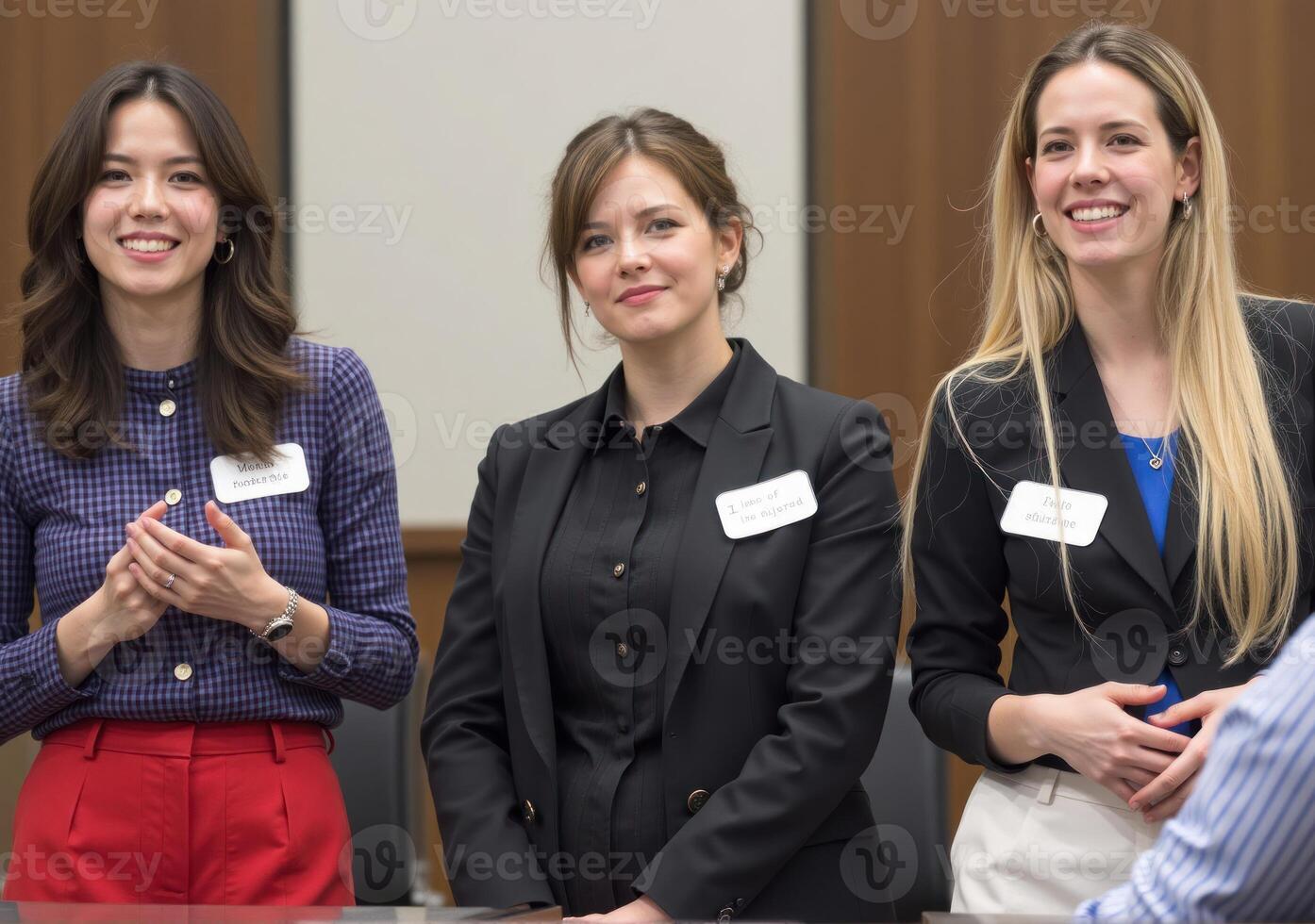 Three women standing in front of a conference table photo