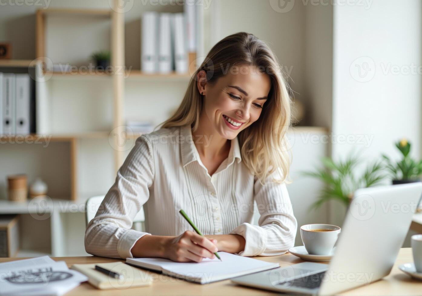 A smiling woman is writing on a piece of paper while sitting at a desk photo
