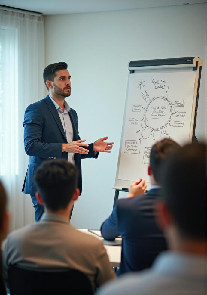 A man in a suit giving a presentation to a group of people photo