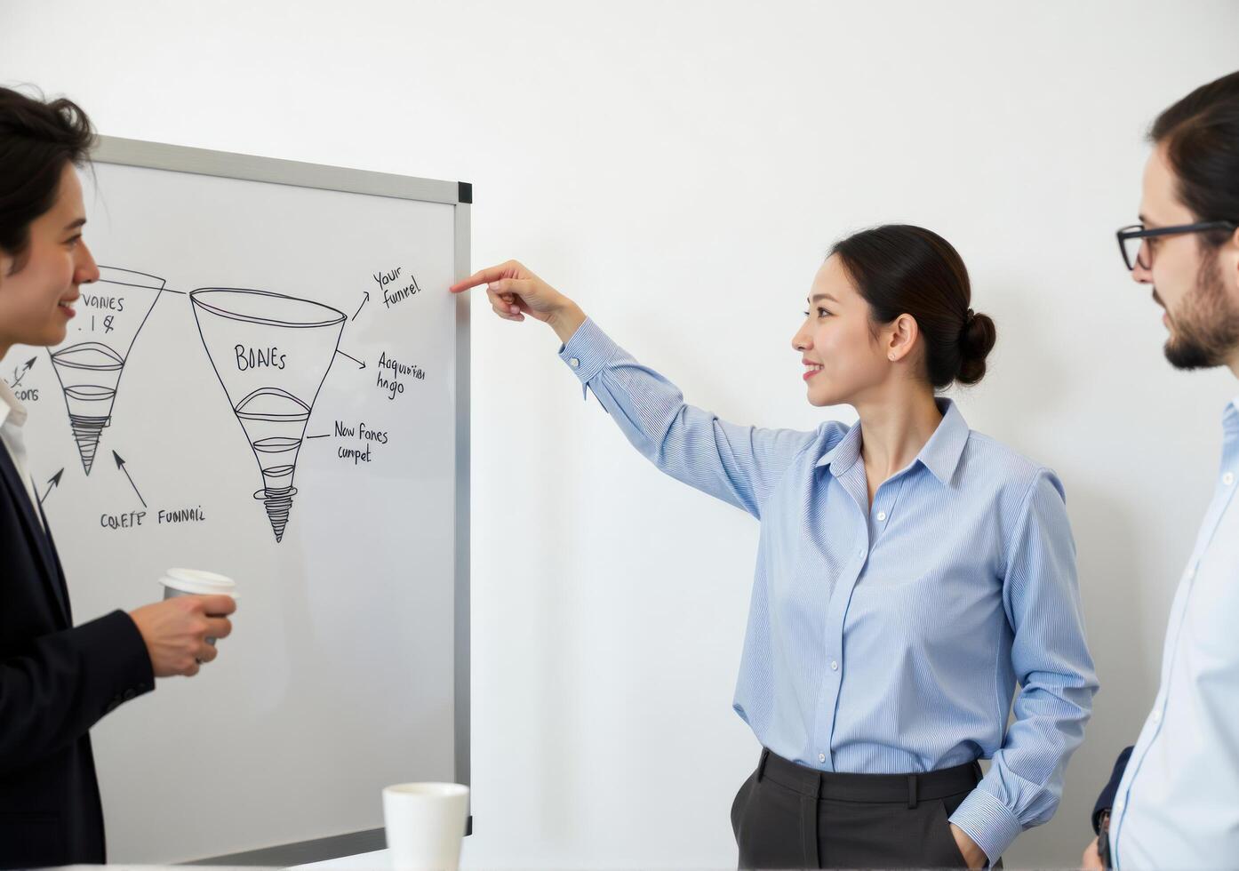 A man and woman are pointing to a whiteboard with a funnel diagram photo
