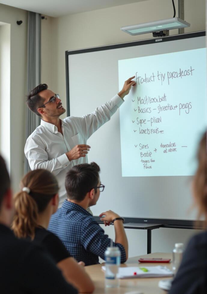 A man giving a presentation to a group of people photo