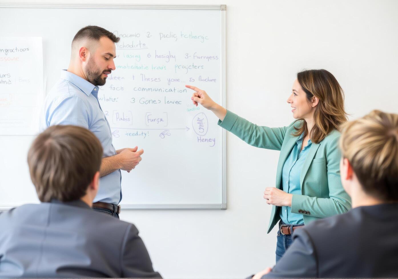 A man and woman are standing in front of a whiteboard photo