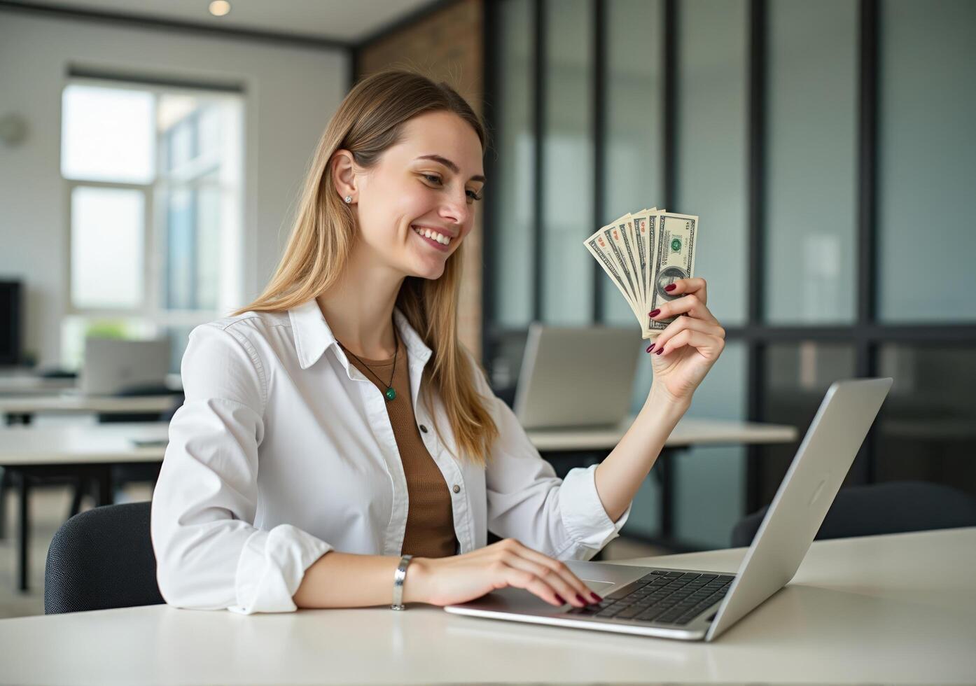 A woman is sitting at a table with a laptop and money photo