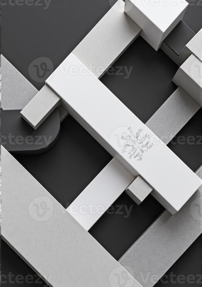 A black and white photo of a white and grey box