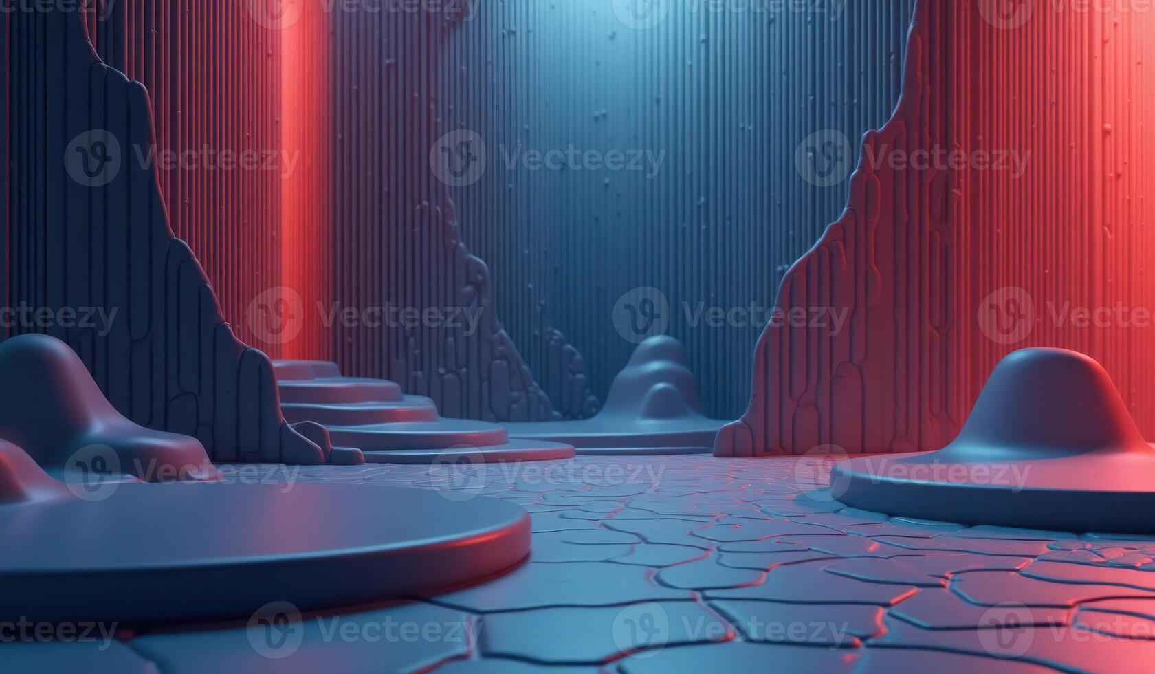 A 3d rendering of a room with red and blue lights photo