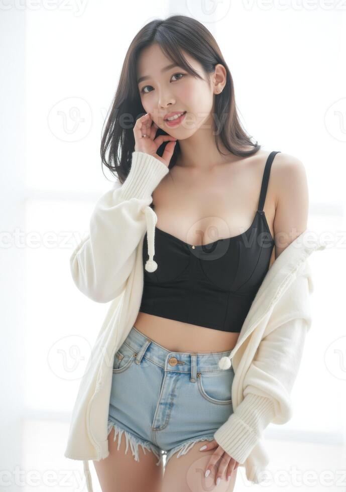 Korean woman in soft seductive pose, wearing casual outfit, bright white backdrop photo