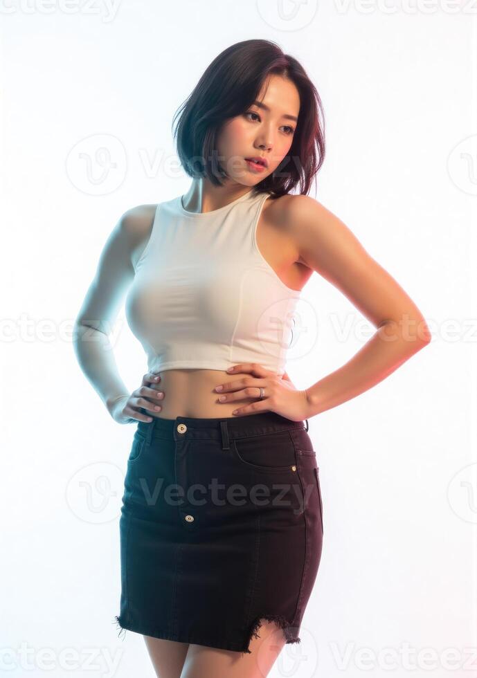 Asian woman in black skirt and white top photo
