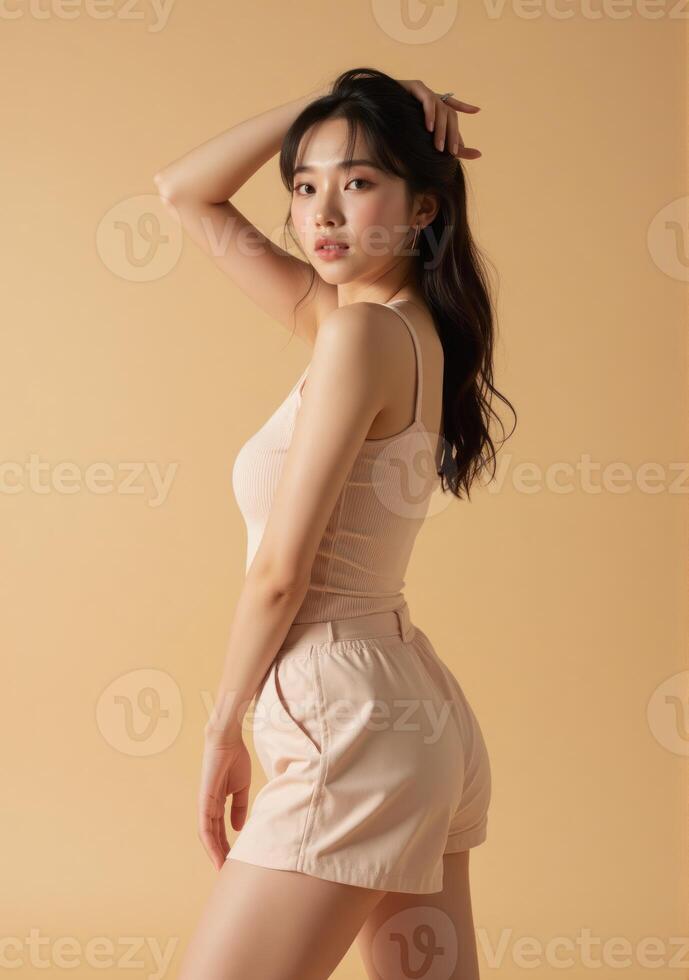 A woman in a pink top and shorts photo