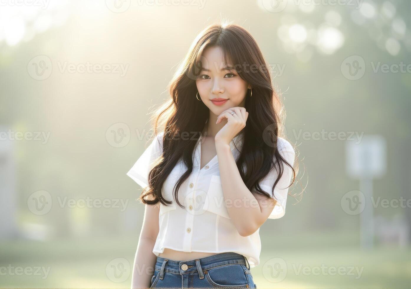 Beautiful asian woman in white shirt and jeans photo