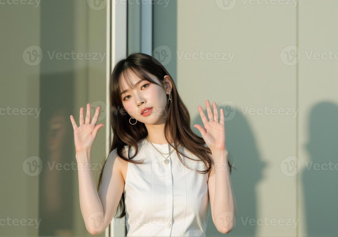 A woman in a white dress standing in front of a glass door photo