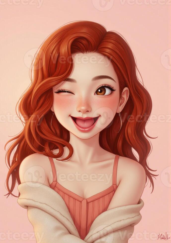 A cartoon girl with long red hair and a smile photo