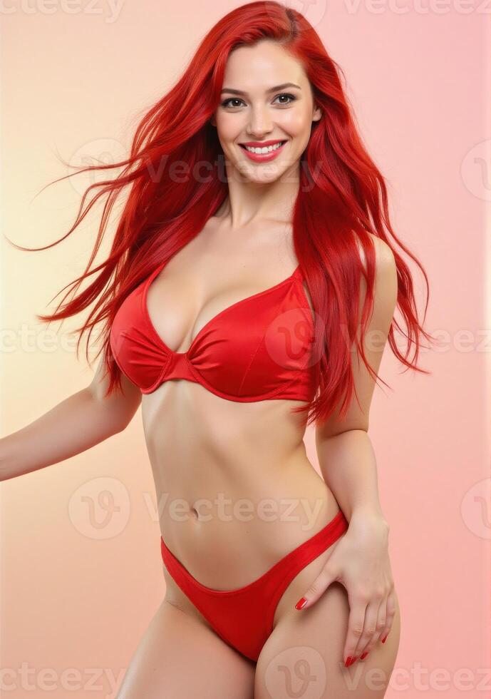 A beautiful woman with red hair in a bikini photo