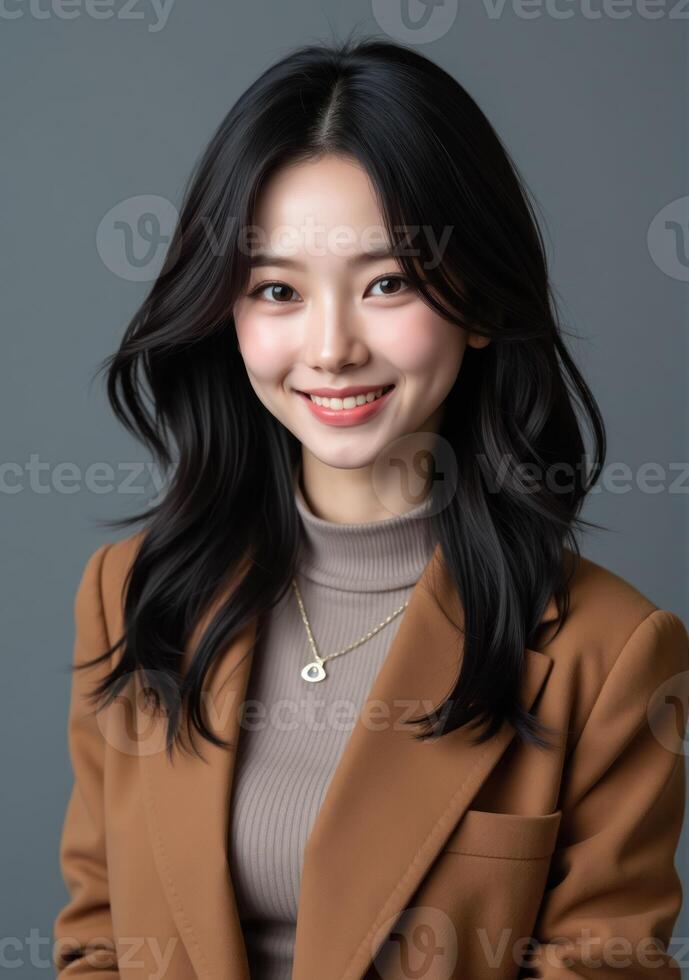 An asian woman in a brown jacket and turtle neck photo