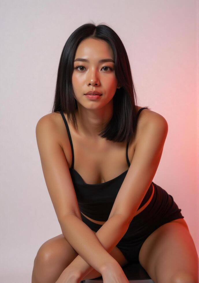 A woman in a black top and shorts sitting on a chair photo