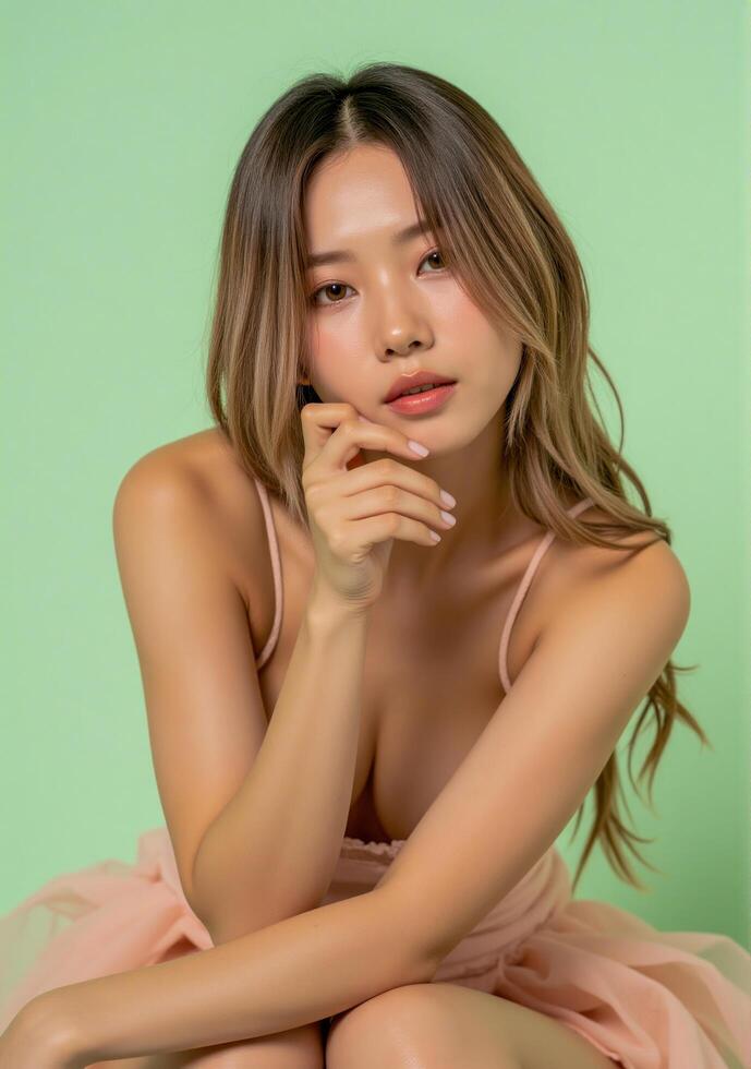 Beautiful asian woman in pink dress sitting on a green background photo