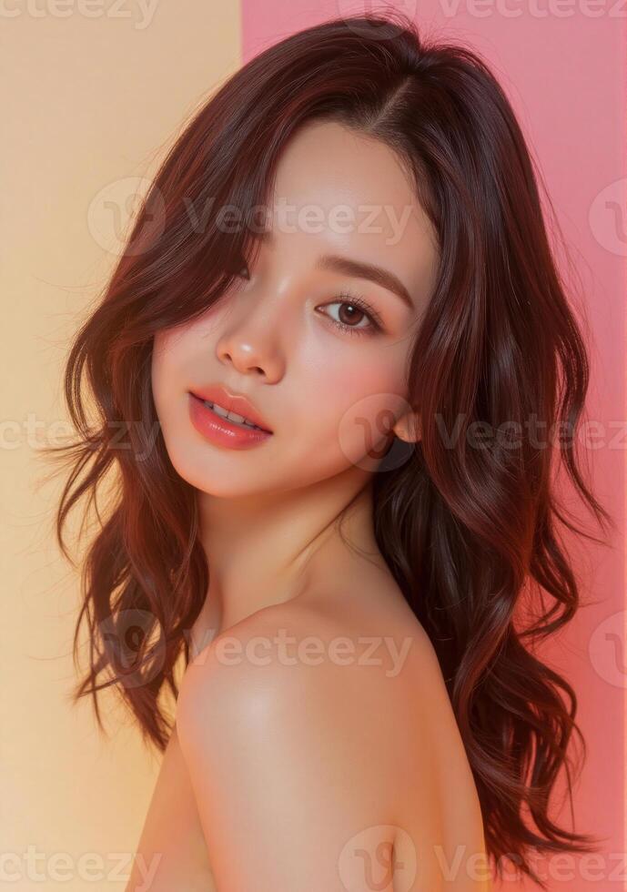 An asian woman with long wavy hair photo