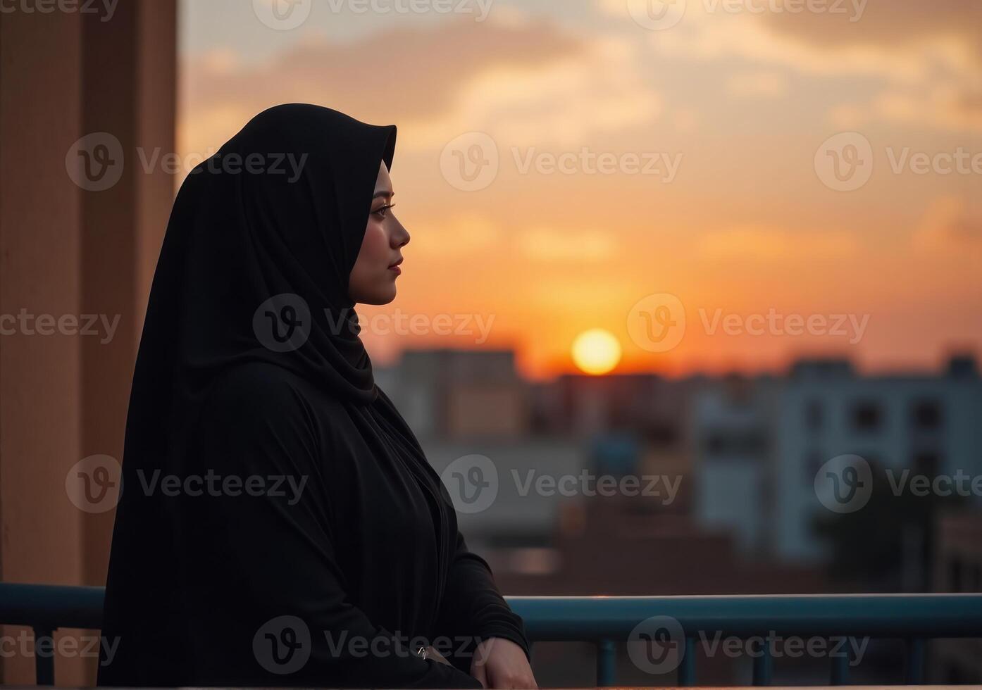 A woman in a black hijab stands on a balcony at sunset photo
