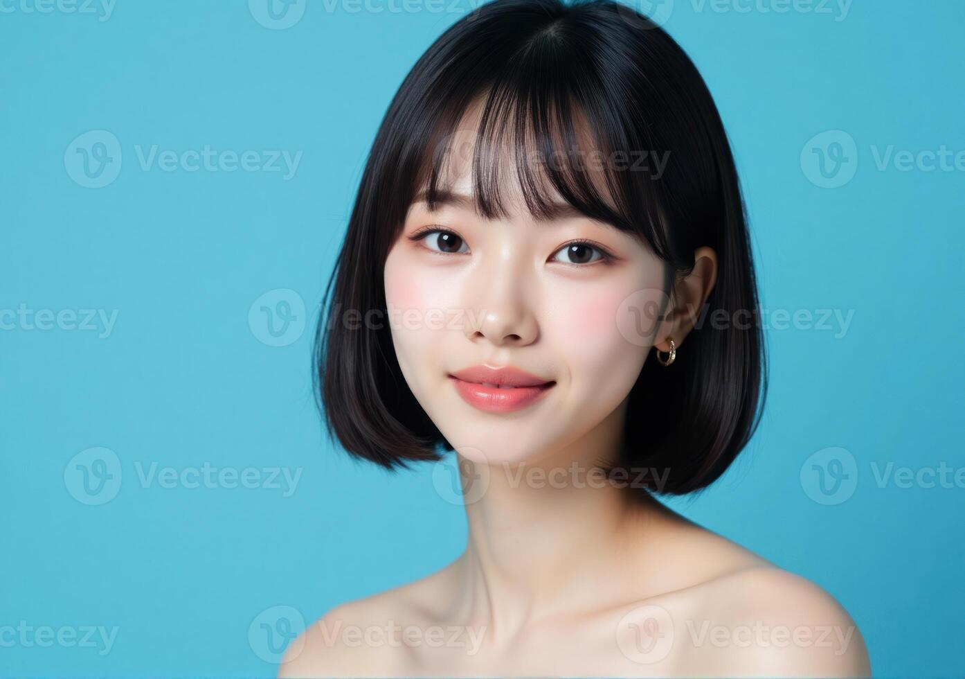 Beautiful asian woman with short hair and blue background photo
