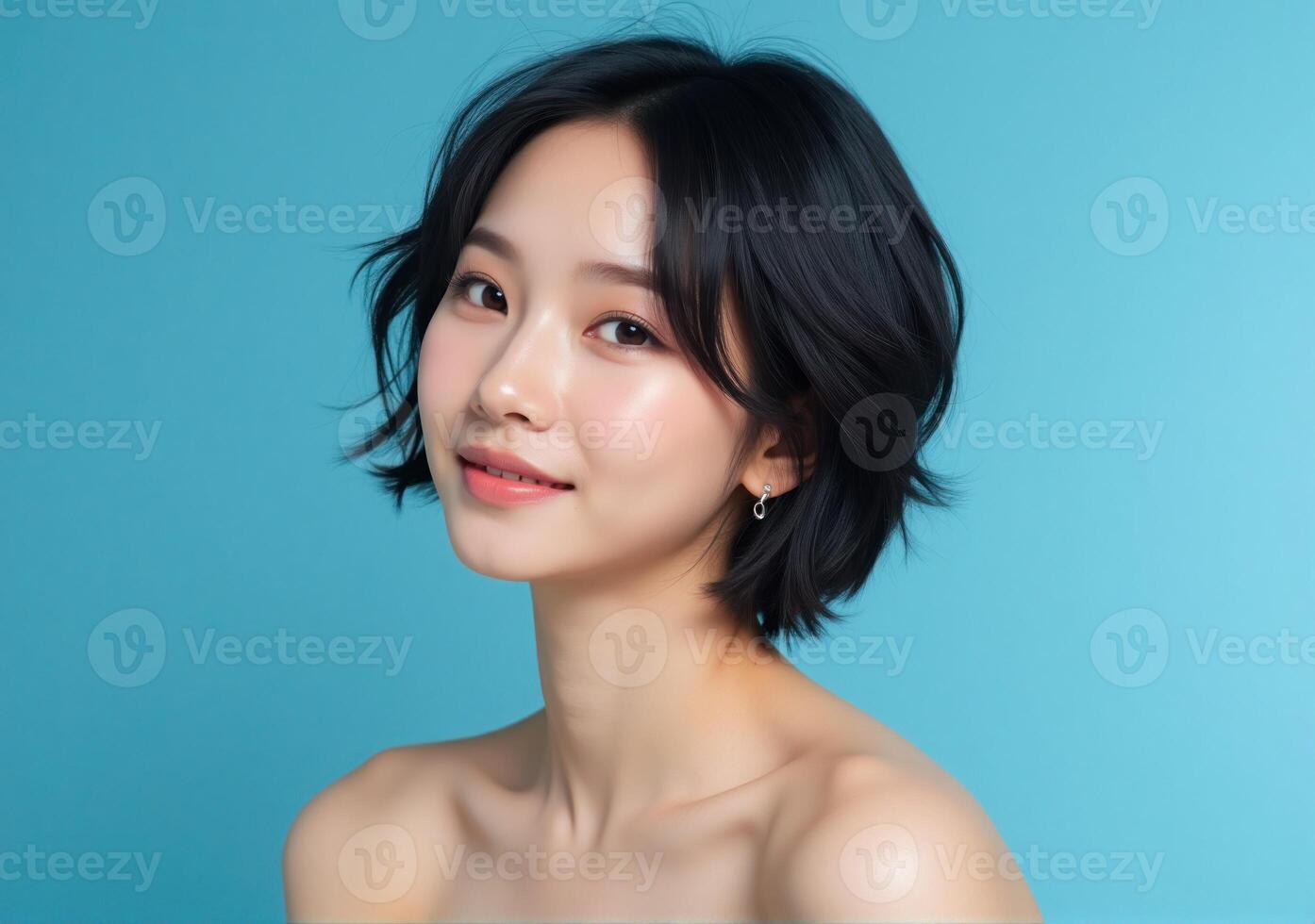 Beautiful asian woman with short hair on blue background photo