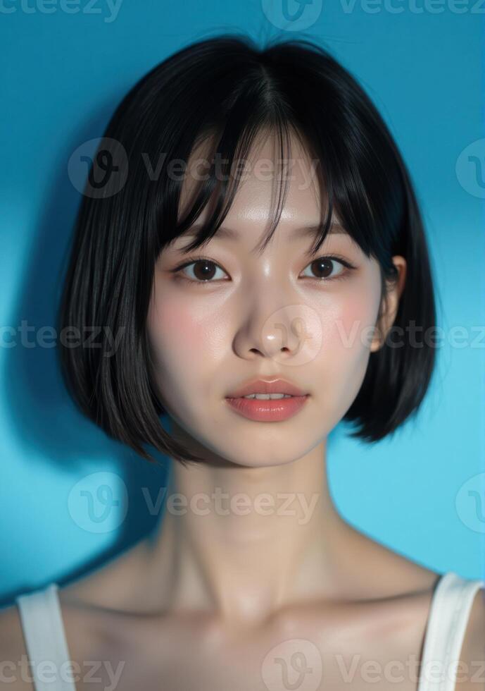 A young woman with a short black hair and a white tank top photo
