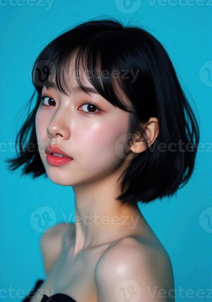 A woman with short black hair and a blue background photo
