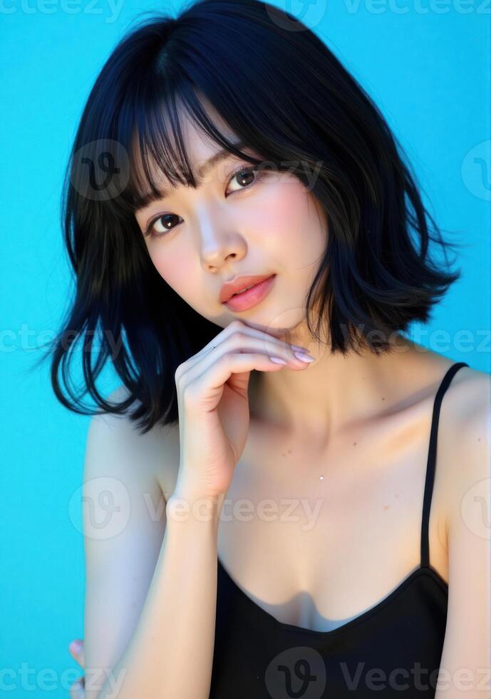 A beautiful young woman with black hair and a black top photo