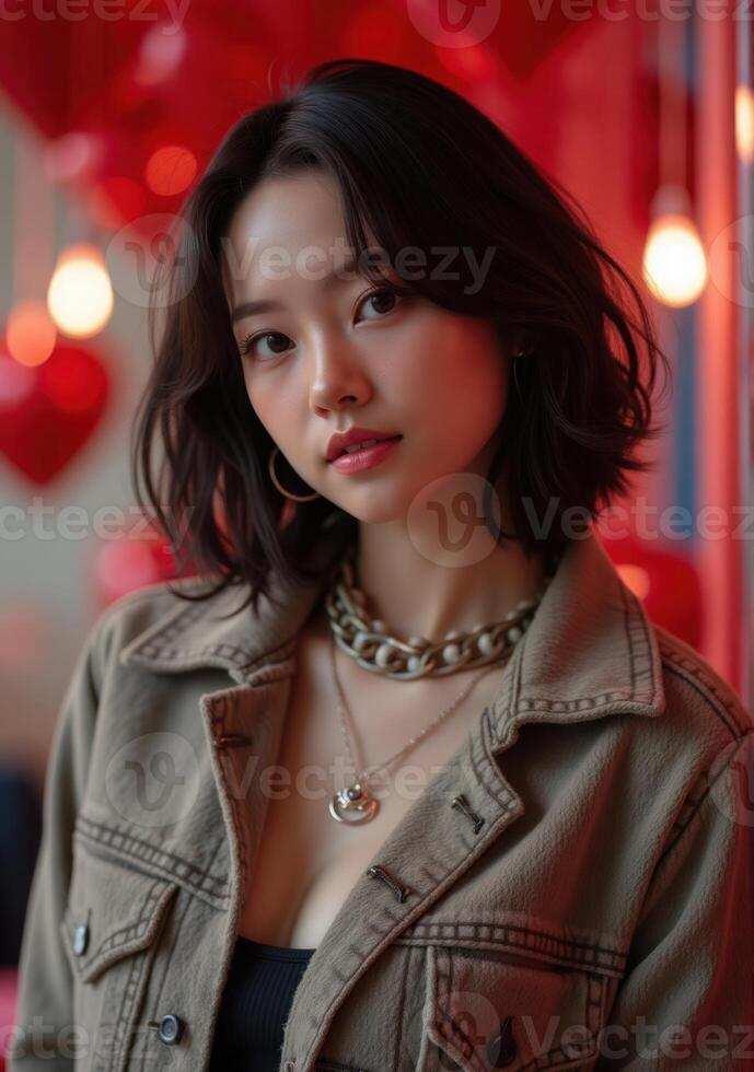 A woman with a necklace and a jacket standing in front of red balloons photo