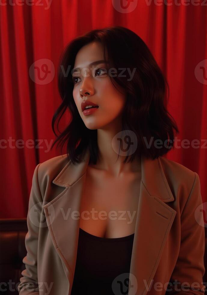 A woman in a black top and tan jacket sitting in front of a red curtain photo