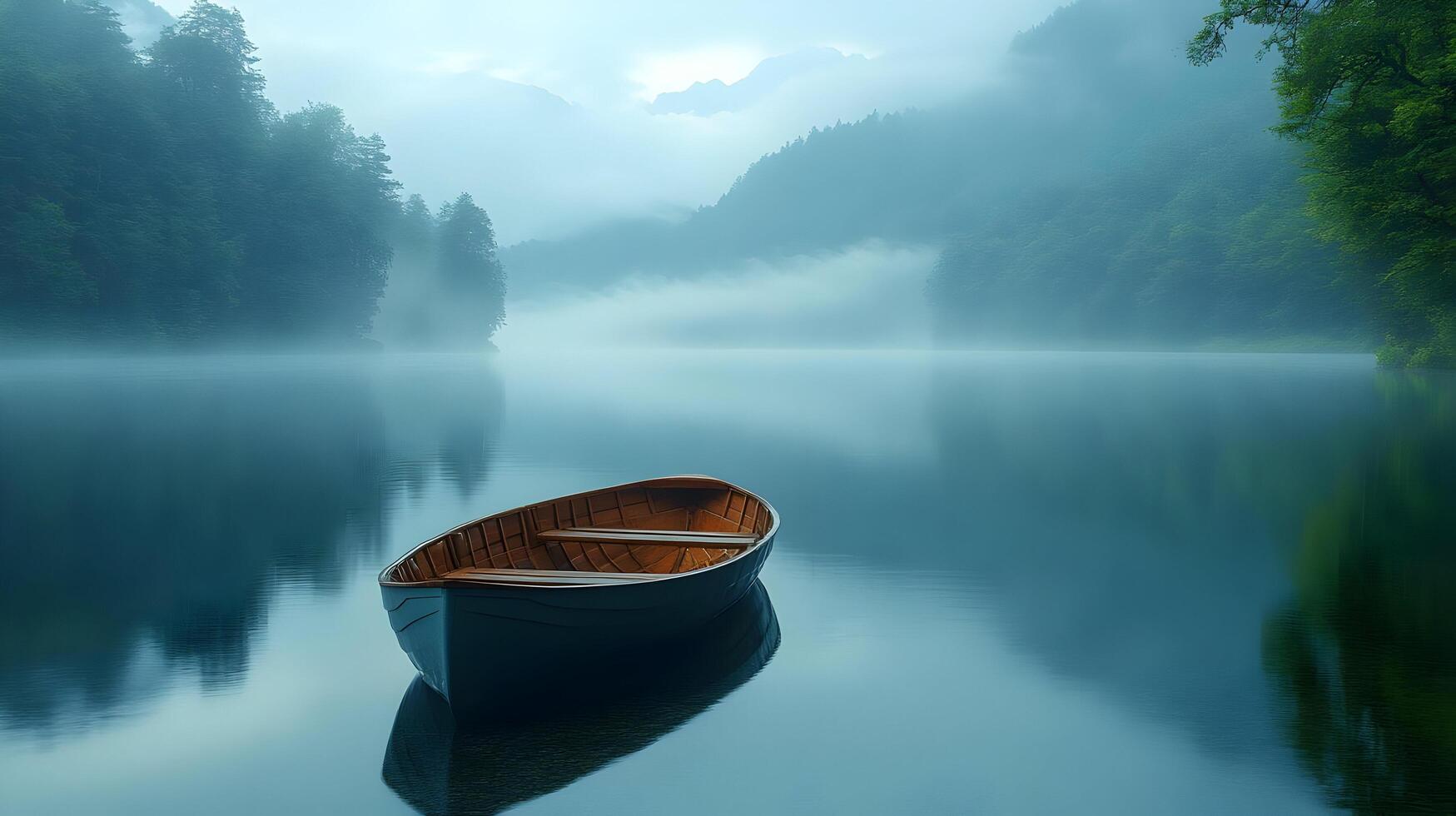 A boat sits on the water in a foggy forest photo