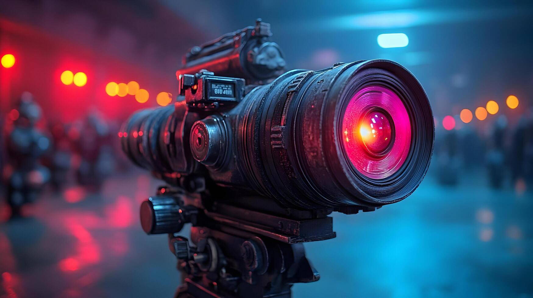 A camera with red light on it in front of a crowd photo