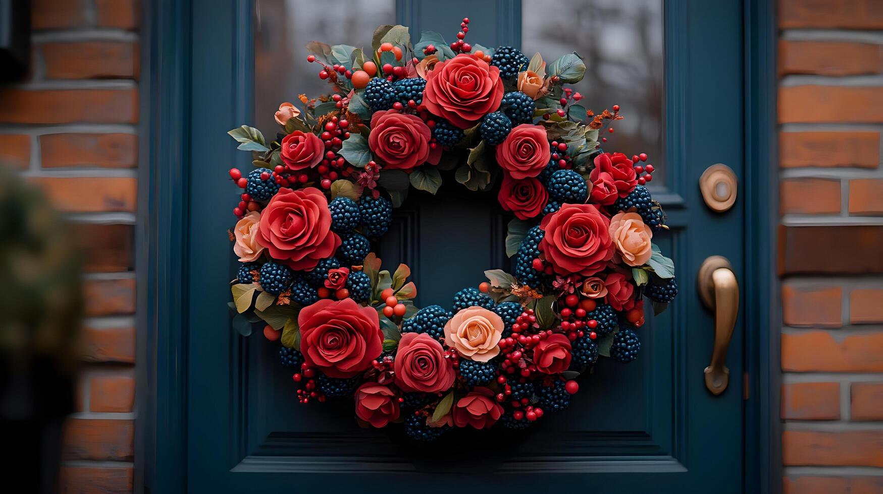 A wreath on a blue door with red and blue flowers photo
