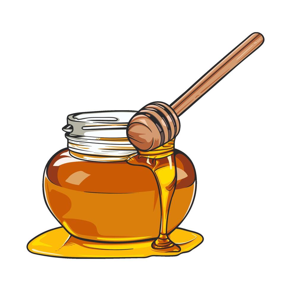 Illustration of a glass honey jar filled with golden honey, featuring a wooden honey dipper resting inside vector