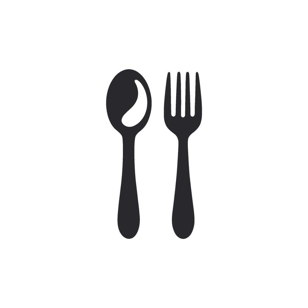 Simple, solid black silhouette of a spoon and fork side-by-side on a white background vector