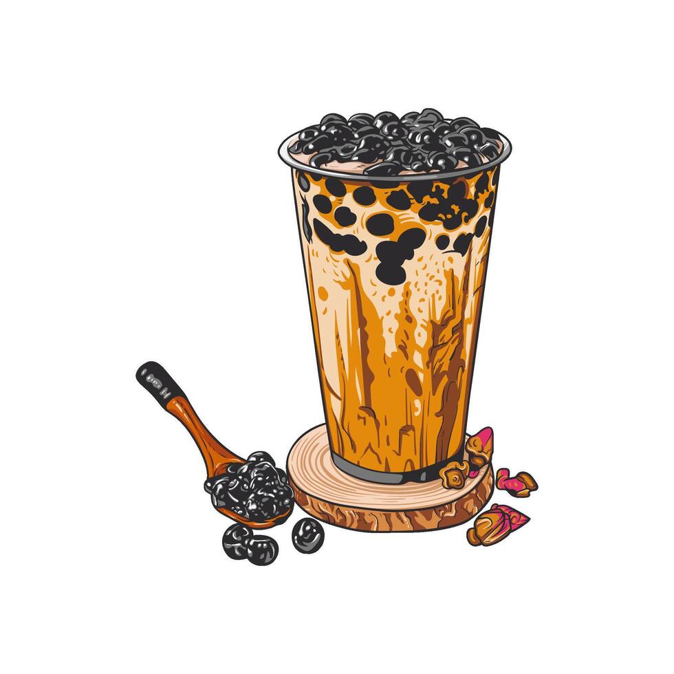 Illustration of a bubble tea drink in a clear plastic cup, featuring layers of milk tea and tapioca pearls vector