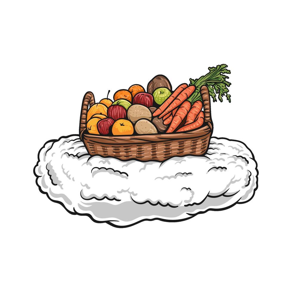 Illustration of a wicker basket filled with an assortment of fresh fruits and vegetables vector