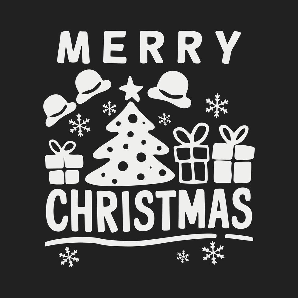 Illustration of a Christmas tree with a playful and festive design, featuring hats, stars, and the message Merry Christmas vector