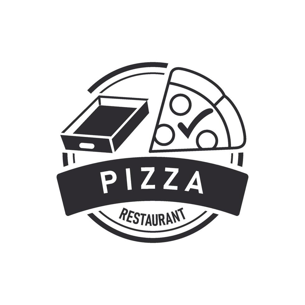 A monochrome logo design for a pizza restaurant, featuring a stylized pizza slice and pizza box outline vector