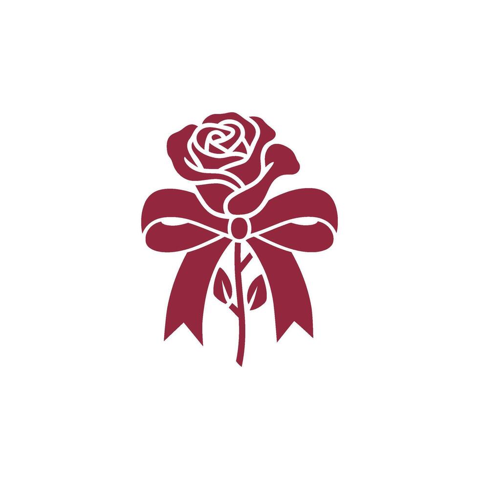 Illustration of a stylized rose, rendered in a solid, deep red hue, with a prominent bow tied around its stem vector