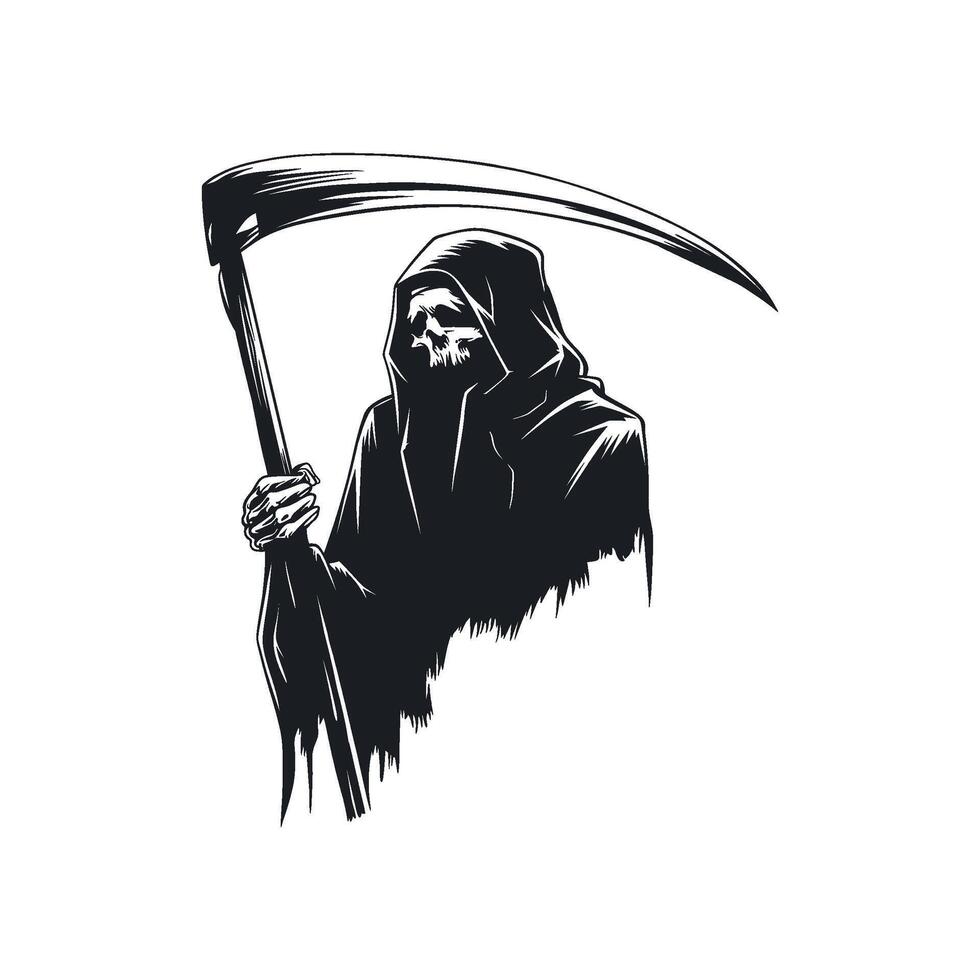 Grim Reaper holding a scythe, with a skull face visible within the hood vector