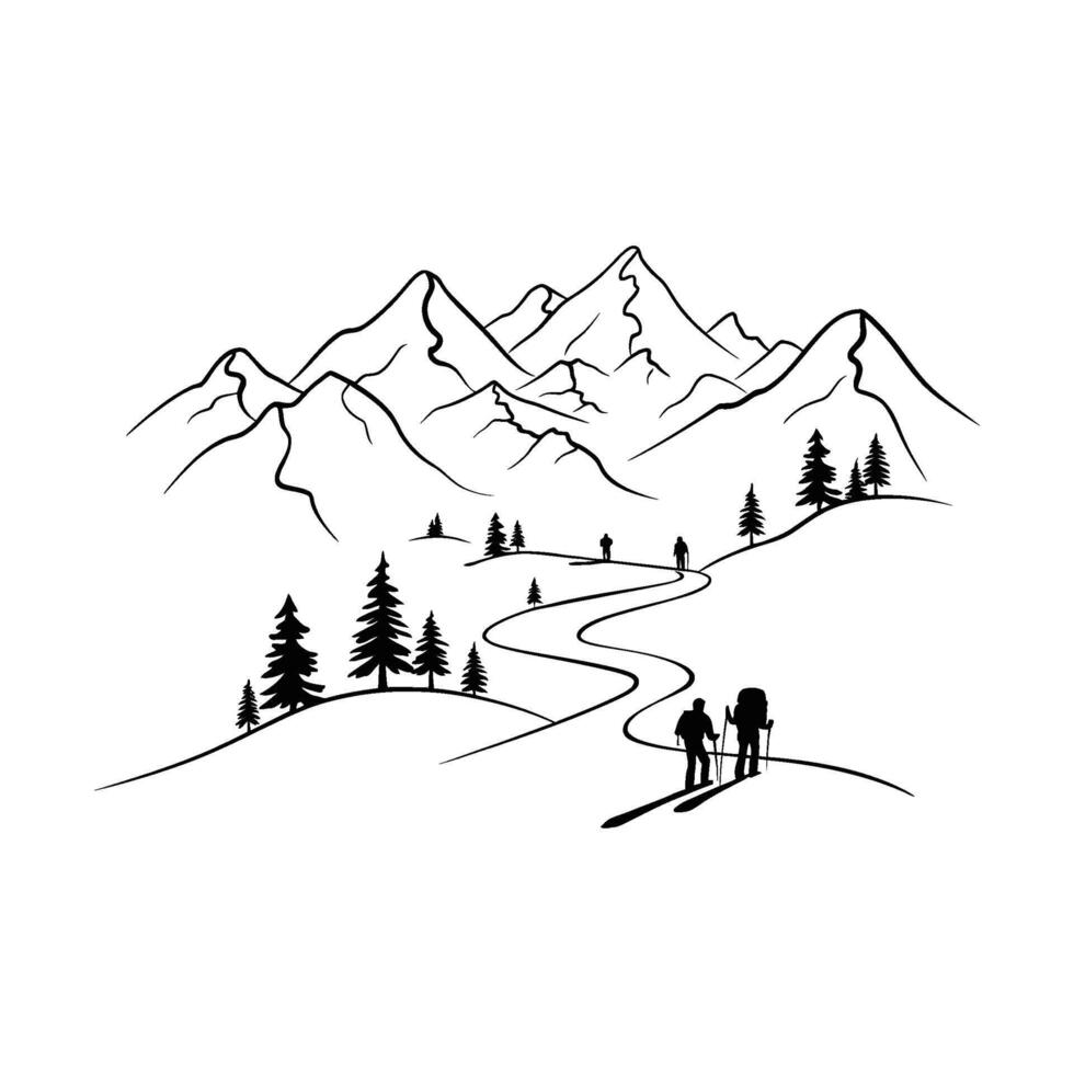 A line art illustration depicting a scenic mountain landscape with hikers on a winding path vector