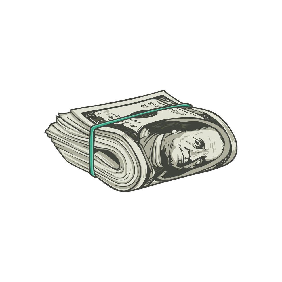 A folded stack of hundred-dollar bills secured with a green rubber band, rendered in a realistic style vector